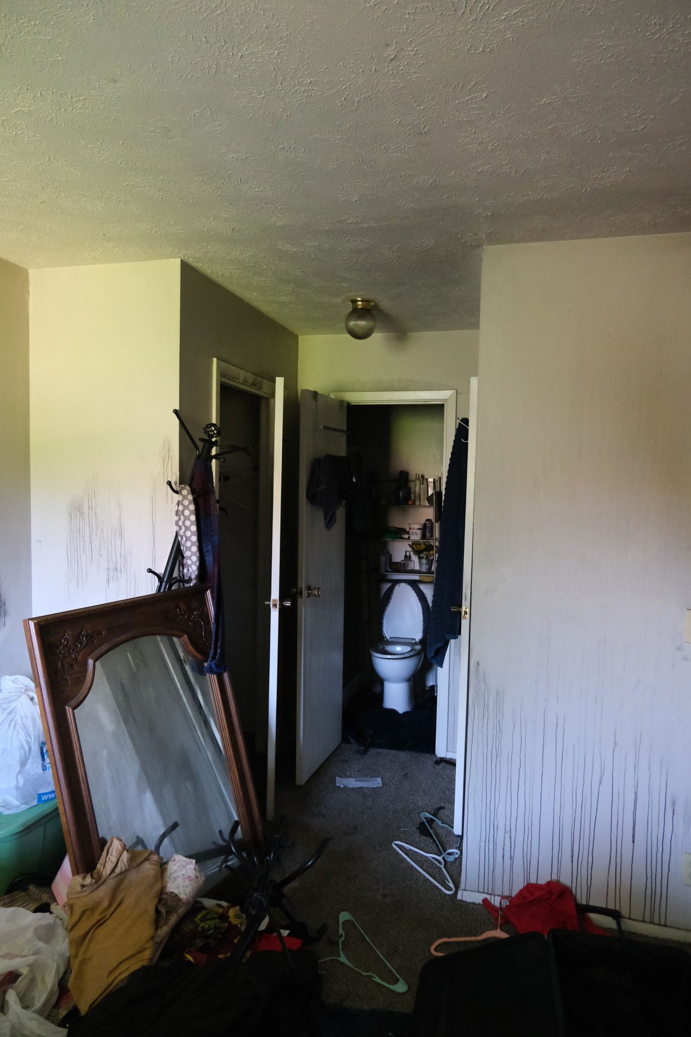 Hallway damaged with debris. Toilet visible inside open doorway. Dirty walls, messy furniture.