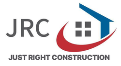 A logo for jrc just right construction with a house and arrow.