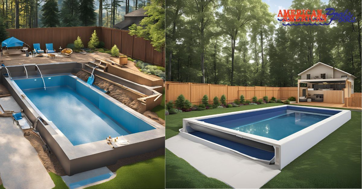 A swimming pool is being built in a backyard next to a house.