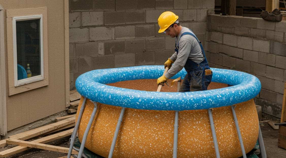 A man is working on an inflatable pool in a basement.
