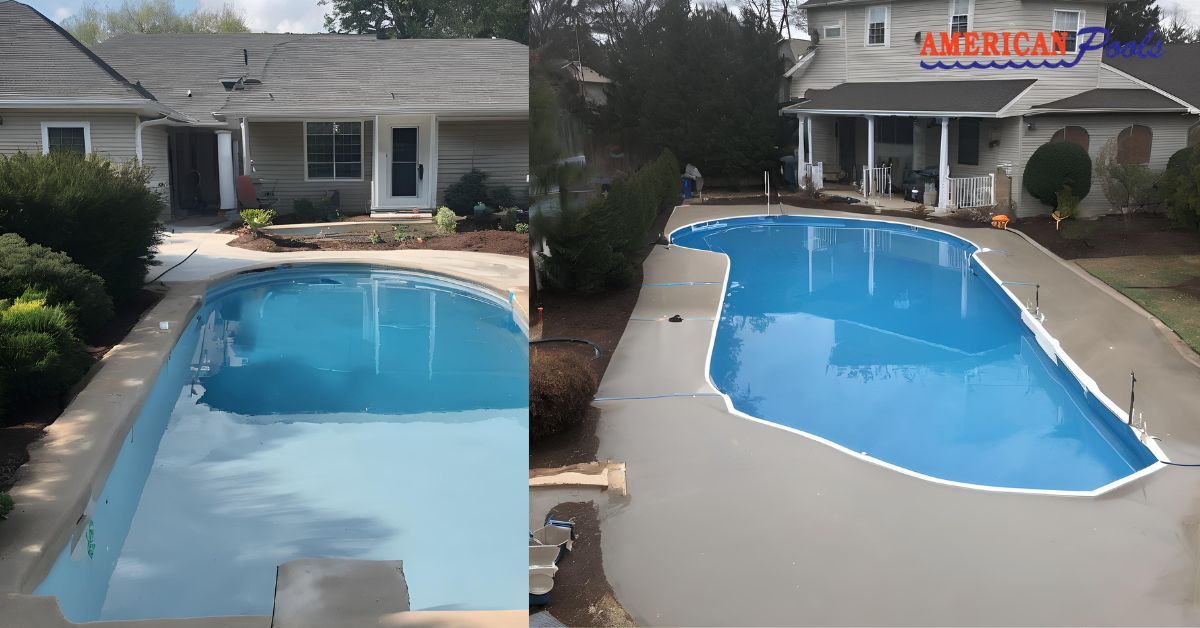 A before and after picture of a swimming pool in front of a house.