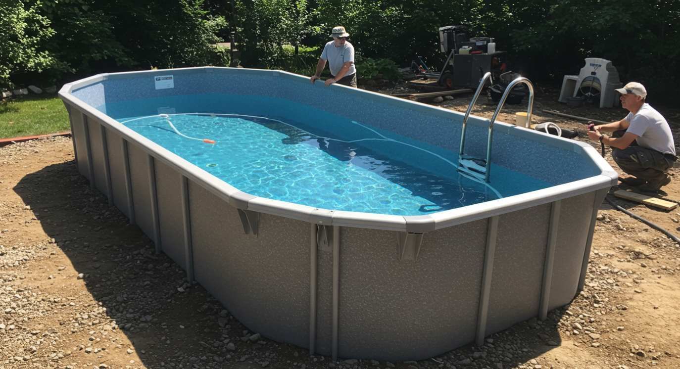 A large swimming pool is being built in a backyard.