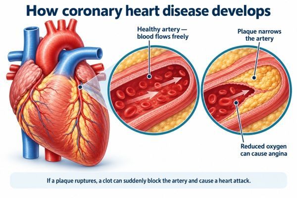 heart disease symptoms, types of heart disease, coronary heart disease, cardiovascular disease