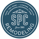 Black and white circular logo: "SPC REMODELING" with phone, email, license #, and a roof truss graphic.