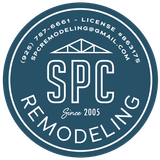 Black and white circular logo: "SPC REMODELING" with phone, email, license #, and a roof truss graphic.