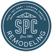 Black and white circular logo: "SPC REMODELING" with phone, email, license #, and a roof truss graphic.