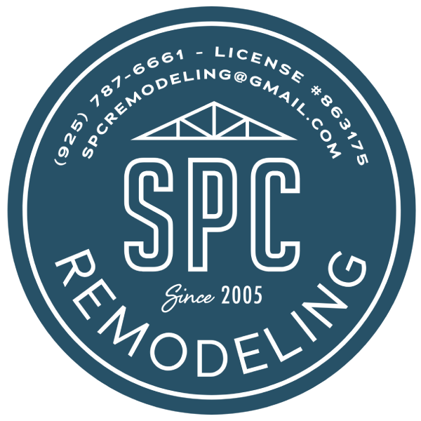 Black and white circular logo: "SPC REMODELING" with phone, email, license #, and a roof truss graphic.