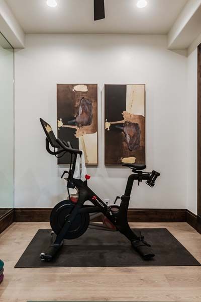 Black stationary exercise bike in a small room with abstract wall art and wood flooring.
