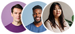 Three people in colored circular backgrounds, with purple, blue, and light beige.