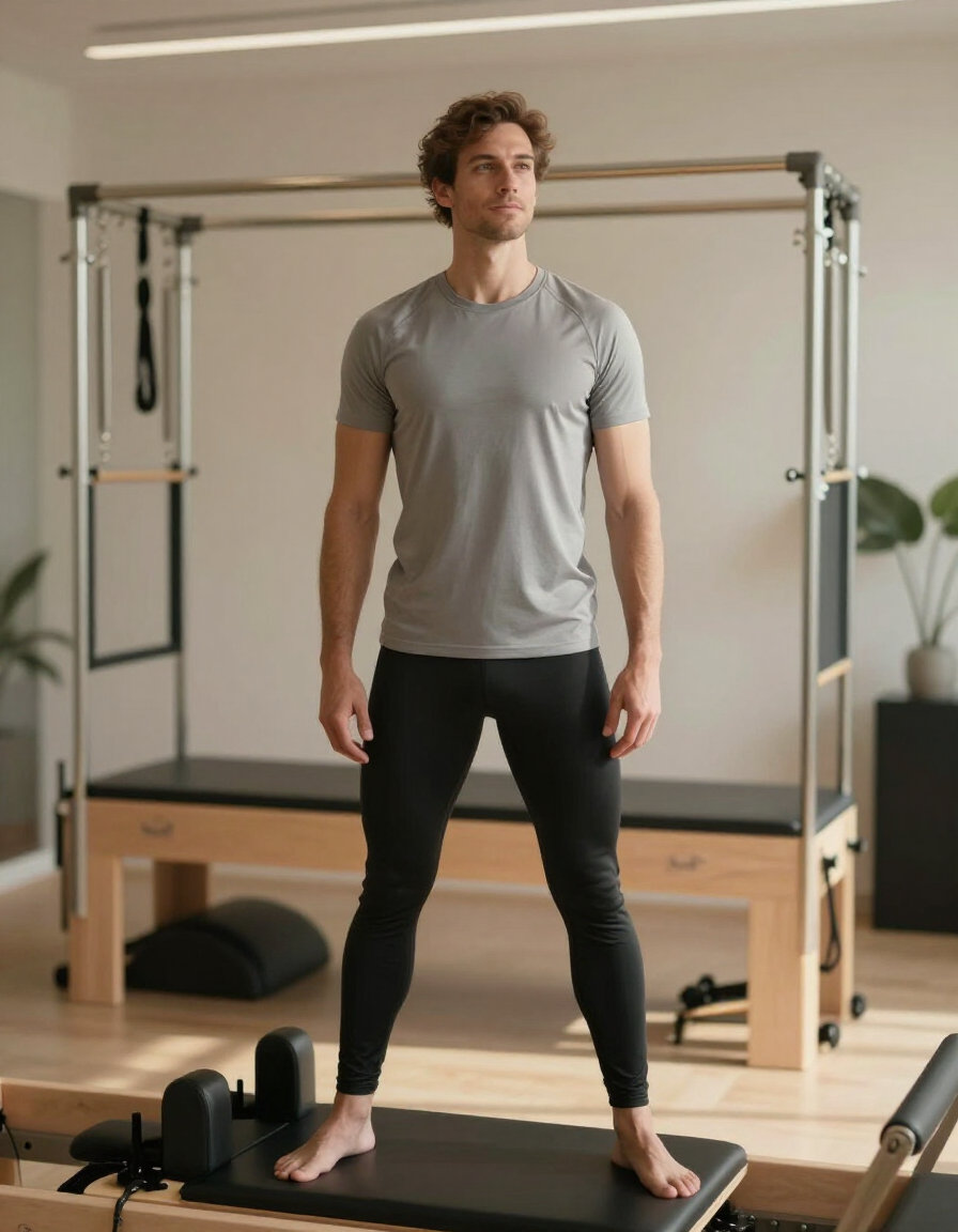Man standing on a workout platform in a bright gym, wearing a gray shirt and black pants.