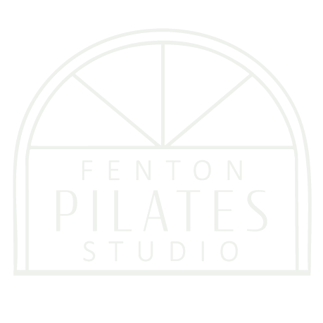 Faint circular Pilates studio logo with the text “Fenton Pilates Studio” in pale gray