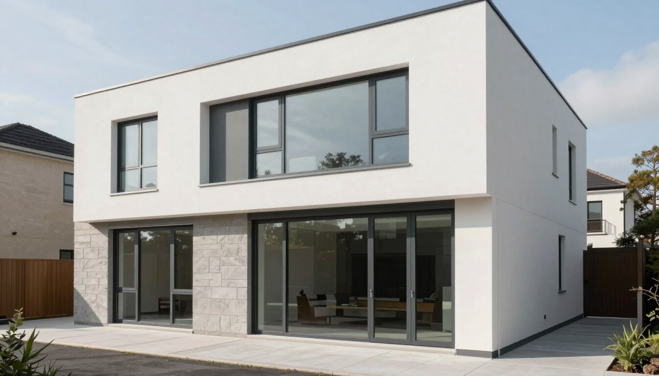 Modern white two-story house with large windows and a glass front facade