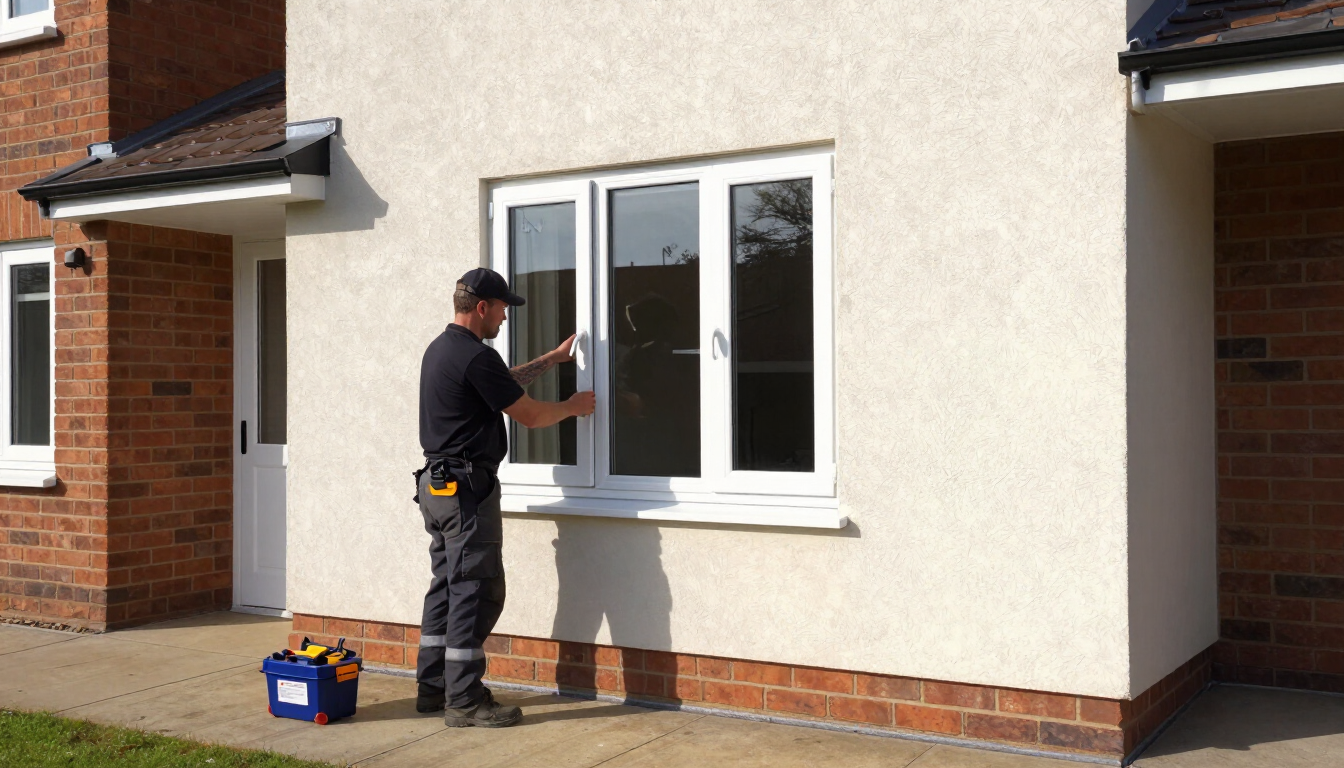 Worker painting a white house window frame outside a brick and stucco home