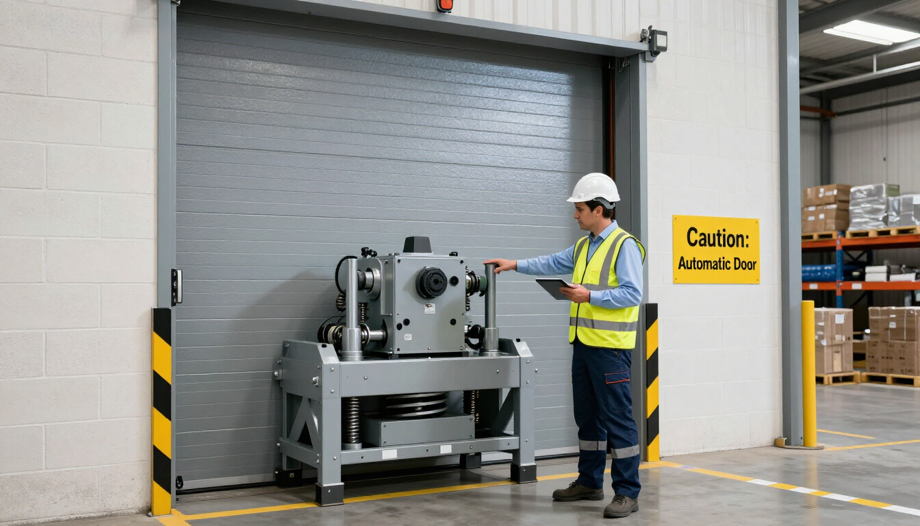 Worker beside industrial machine in warehouse doorway with safety barriers and yellow warning sign
