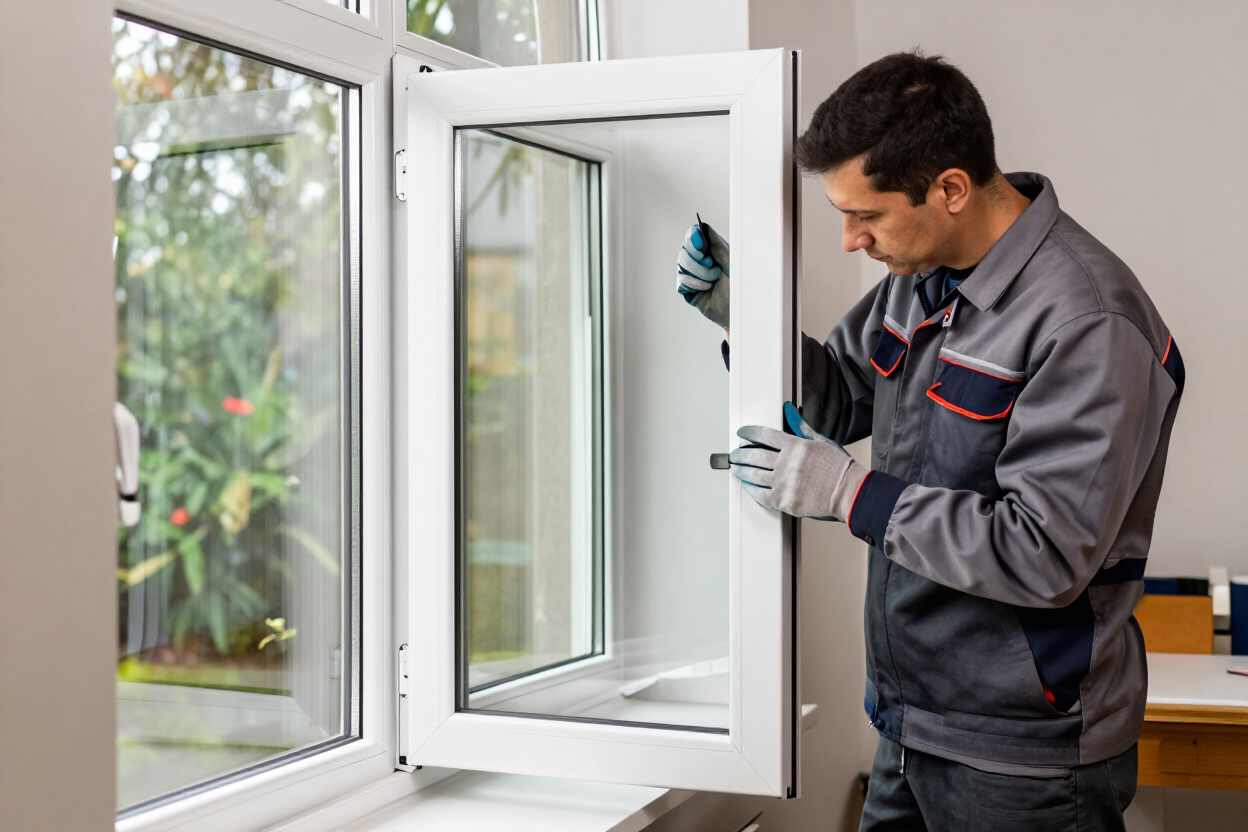 Technician inspecting a white window frame indoors, wearing gray work clothes and gloves.