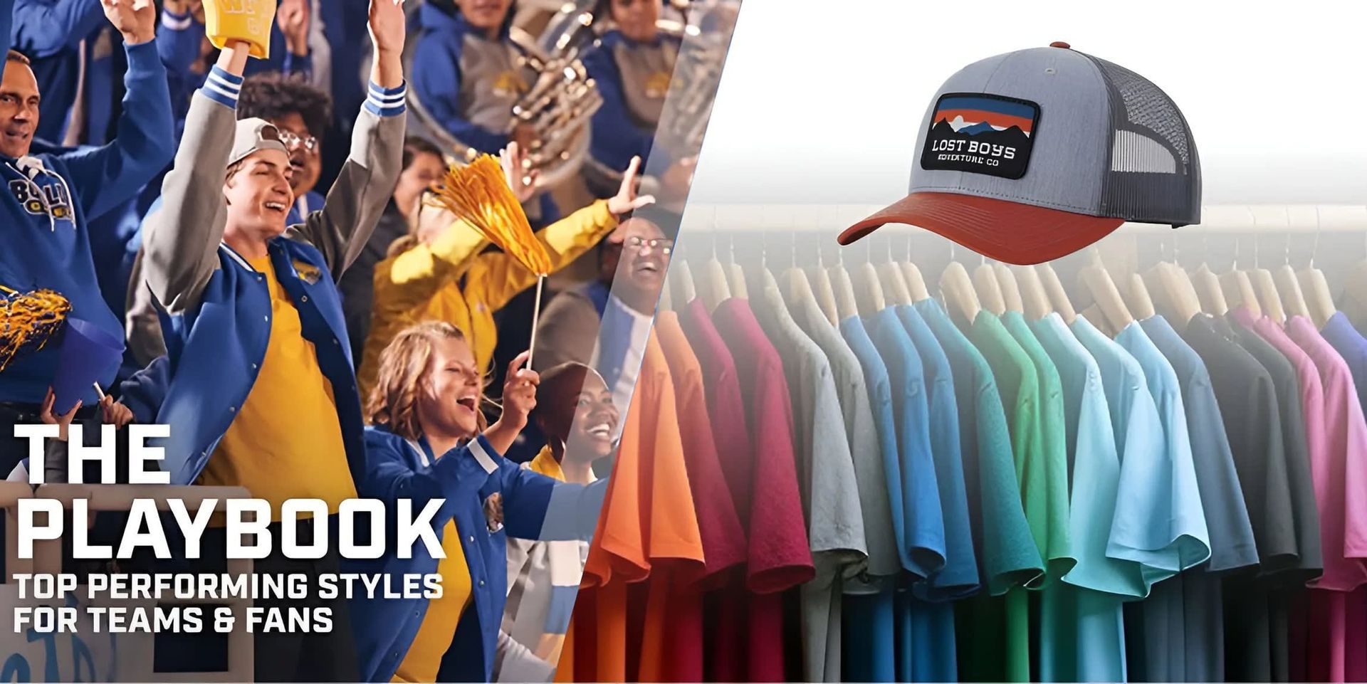 The Playbook cover: cheering team fans, gold trophy, and a gray-and-red cap above colorful hanging shirts.