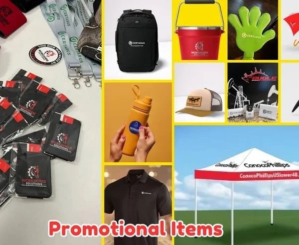 Collage of promotional items: bags, gloves, hats, shirts, and branded canopy tent panels