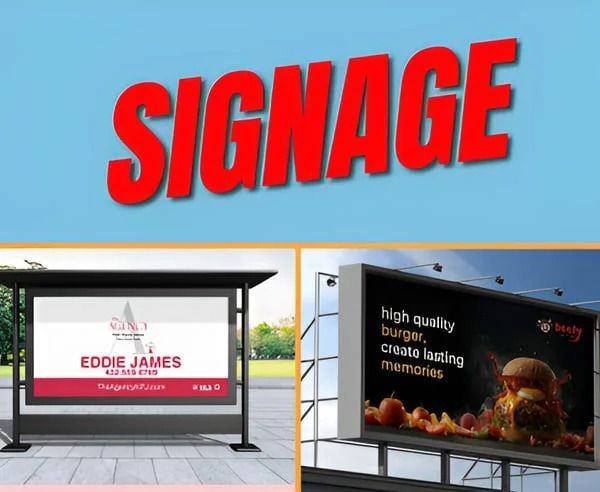 Billboard signage examples with bold red “SIGNAGE” text and two outdoor ad displays