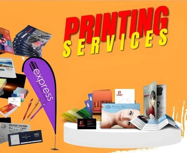 Colorful printing services ad with brochures, business cards, and a purple “express” banner on orange background