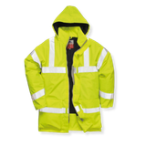 Lime green high-visibility hooded jacket with reflective stripes on a white background