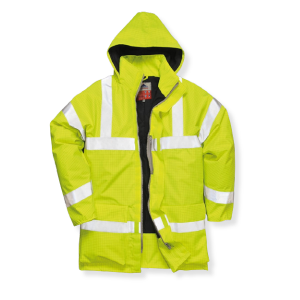 Neon yellow hooded safety jacket with reflective stripes and front zipper on a white background