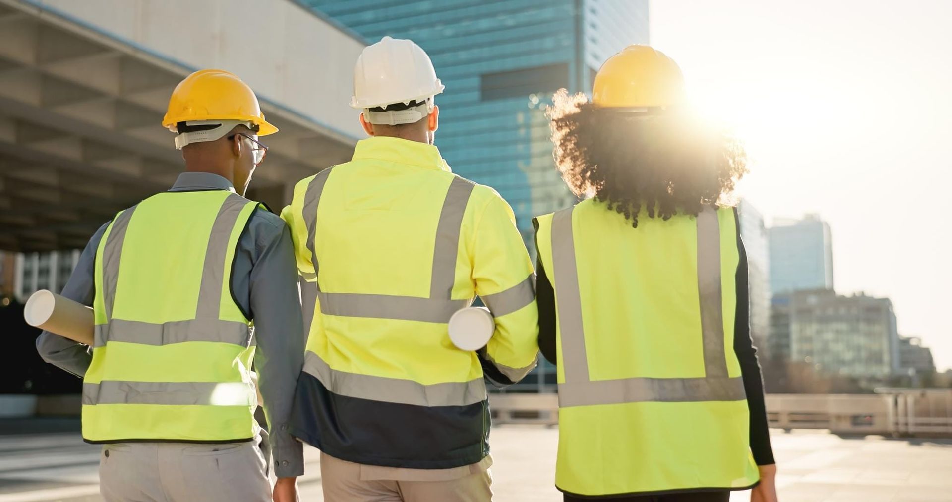 Three construction workers in hard hats and safety vests at a sunlit building site