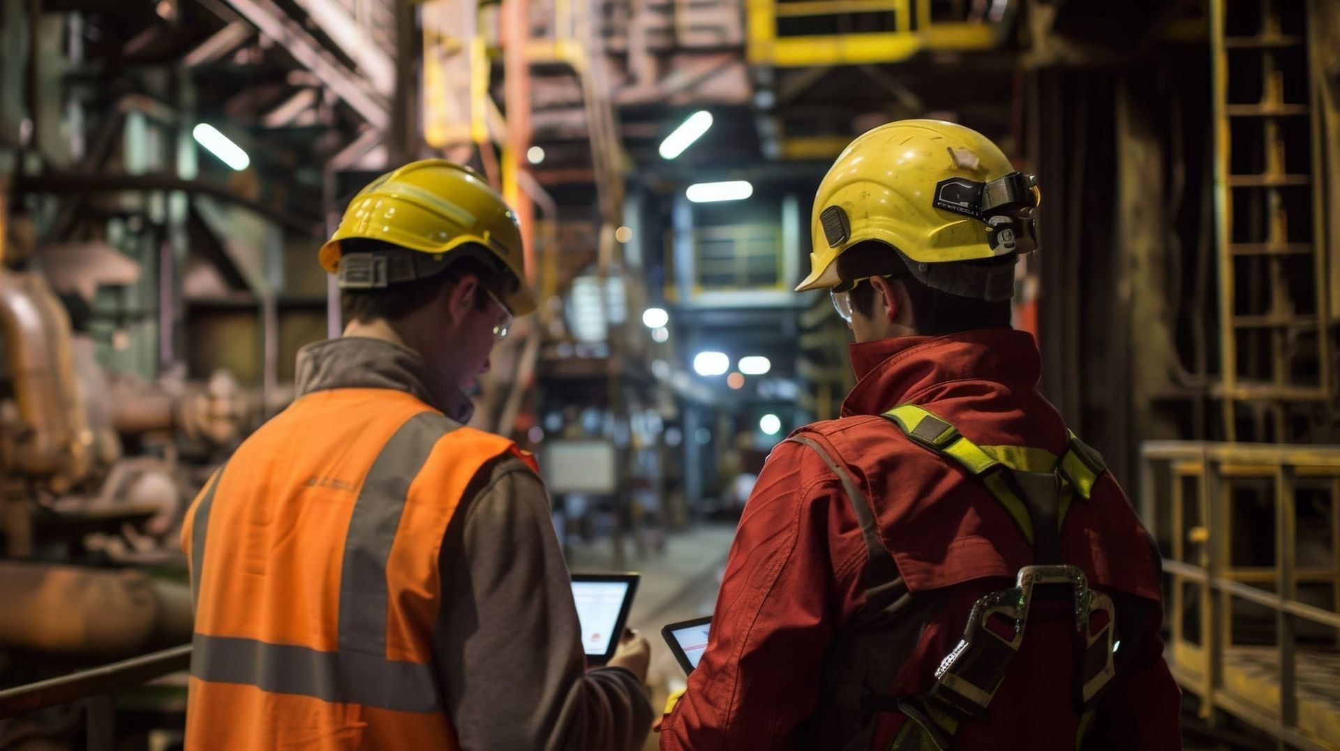 Two workers in hard hats and safety vests reviewing a tablet in an industrial factory aisle