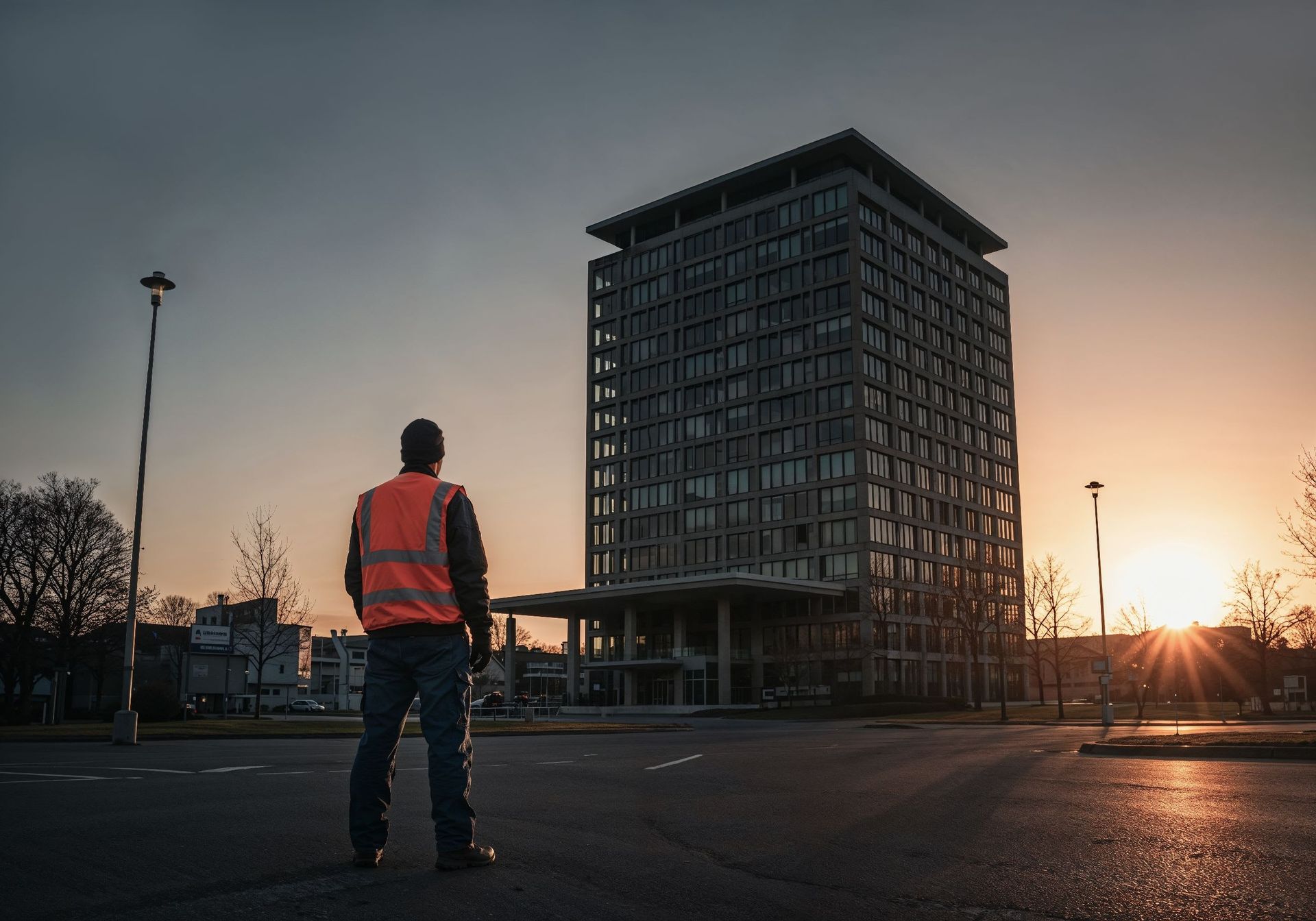 Person in a safety vest standing in a parking lot at sunset beside a tall office building.