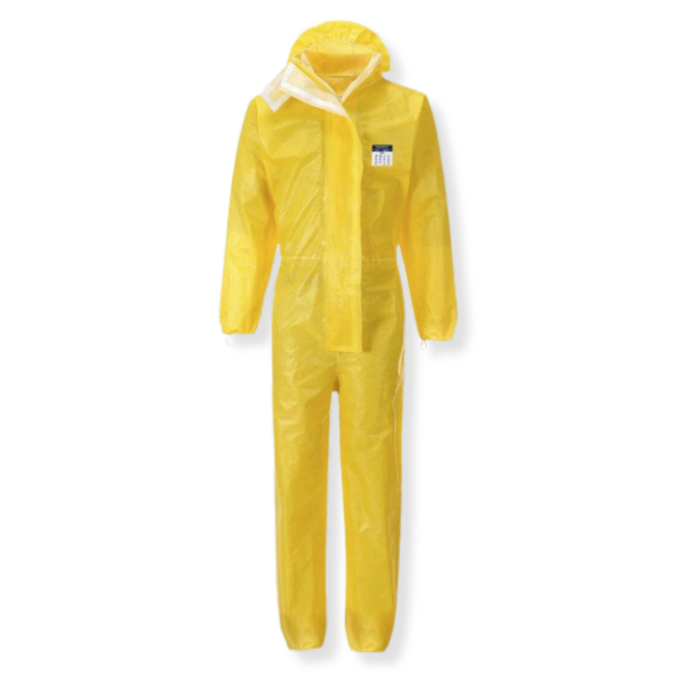 Yellow hooded protective coverall suit on a white background