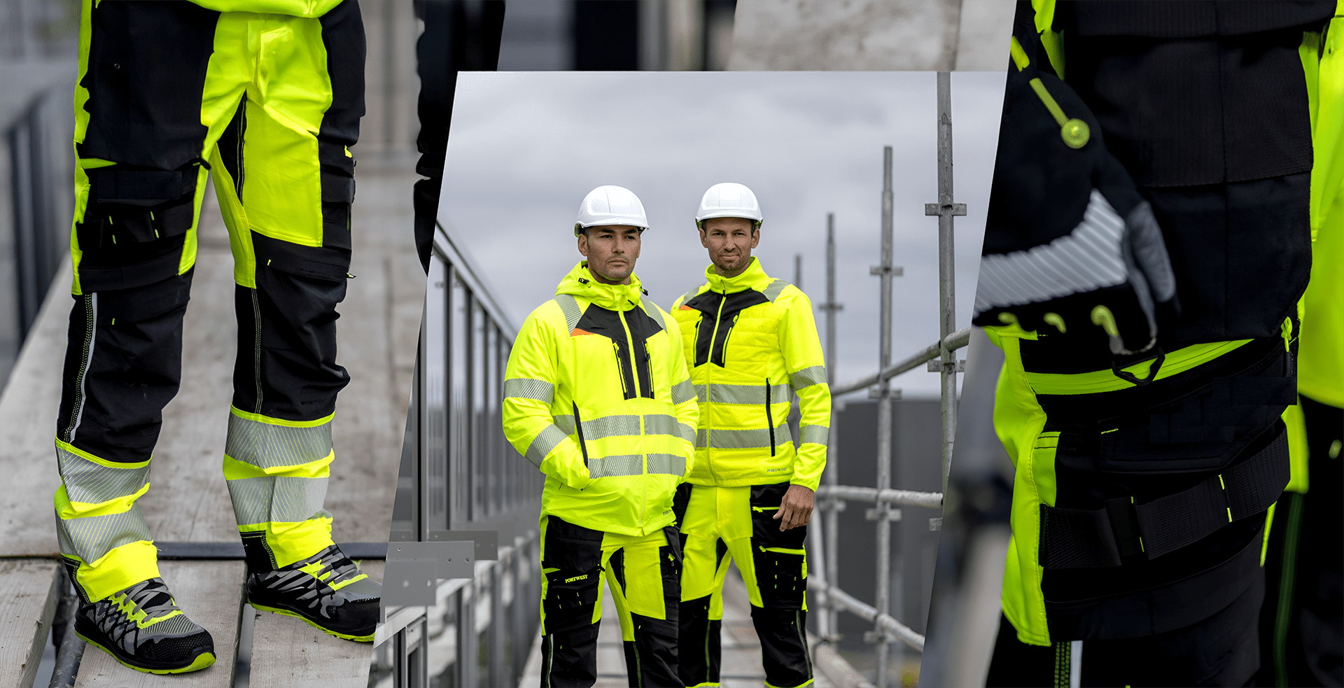 Workers in neon yellow safety gear and hard hats standing on a construction site bridge.