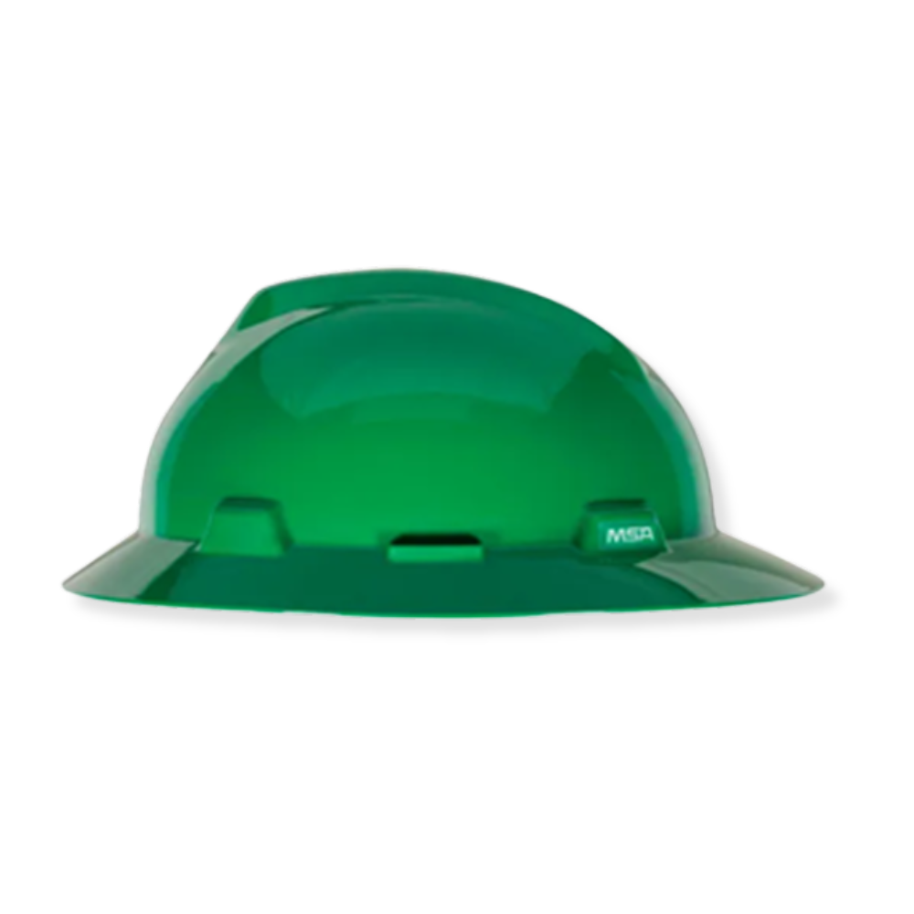 Green hard hat with a domed cap and wide brim on a white background