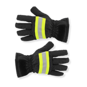 Pair of black firefighter gloves with neon yellow reflective stripes, shown front and back.