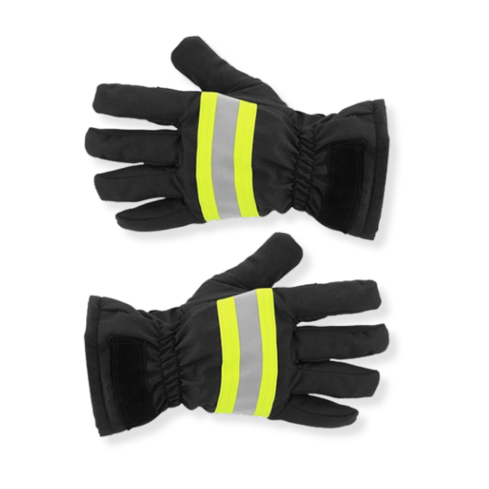 Black firefighter gloves with bright yellow reflective stripes, shown side by side on a white background
