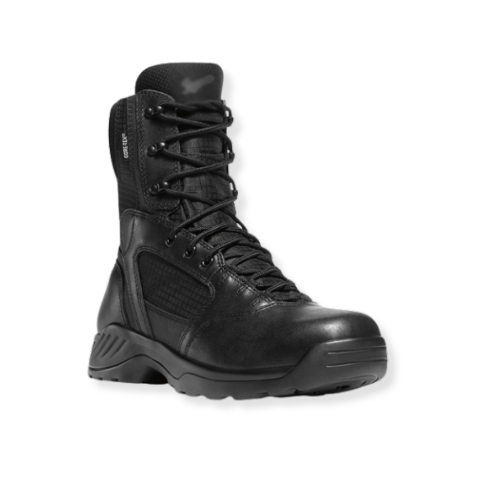 Black lace-up tactical boot with thick sole, side zipper, and padded ankle on a white background