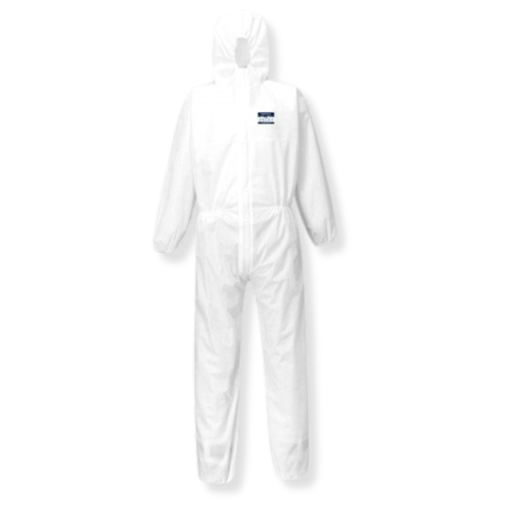 White disposable protective coverall suit with hood, front zipper, and elastic cuffs on a white background