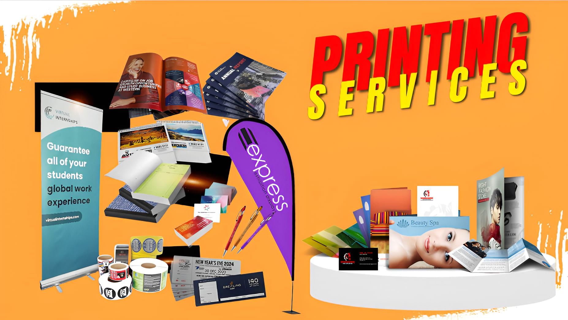 Colorful printing services banner with brochures, business cards, banners, and office print products