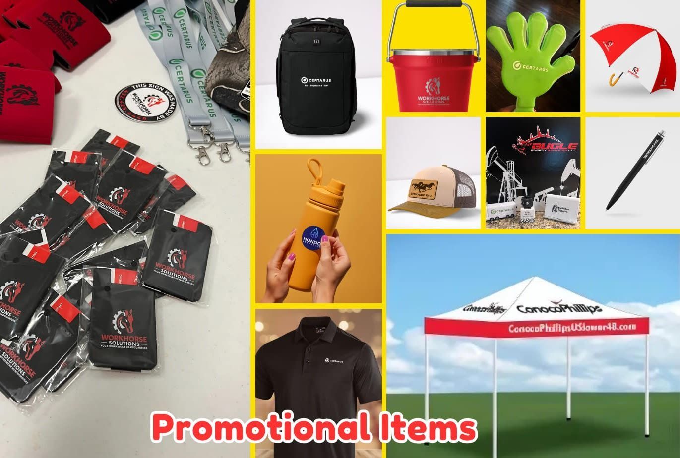 Promotional items collage: branded bags, shirts, gloves, cap, pen, bottle, and a canopy tent