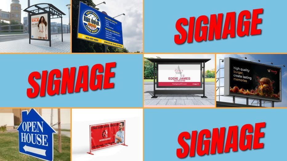 Collage of outdoor signs and billboards with repeated red “SIGNAGE” text on a blue background