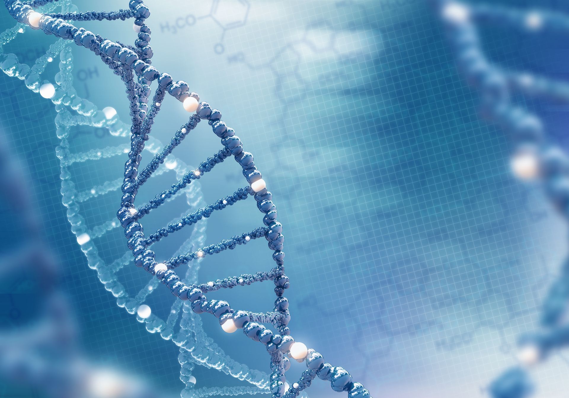 DNA double helix, blue and white, against a blurred background with chemical structures.