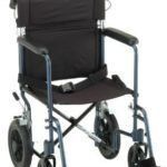 Black wheelchair with footrests and large rear wheels, viewed from the side.
