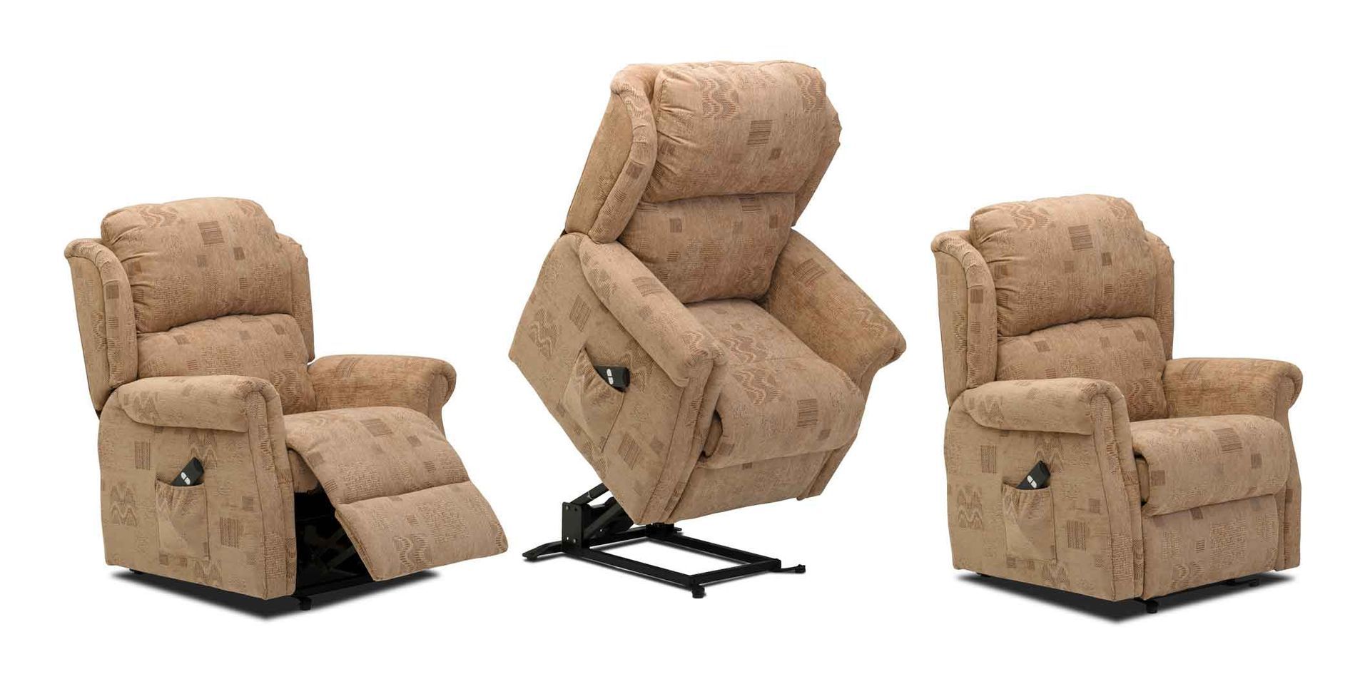 Three tan reclining lift chairs, with one shown tilted on a black metal base