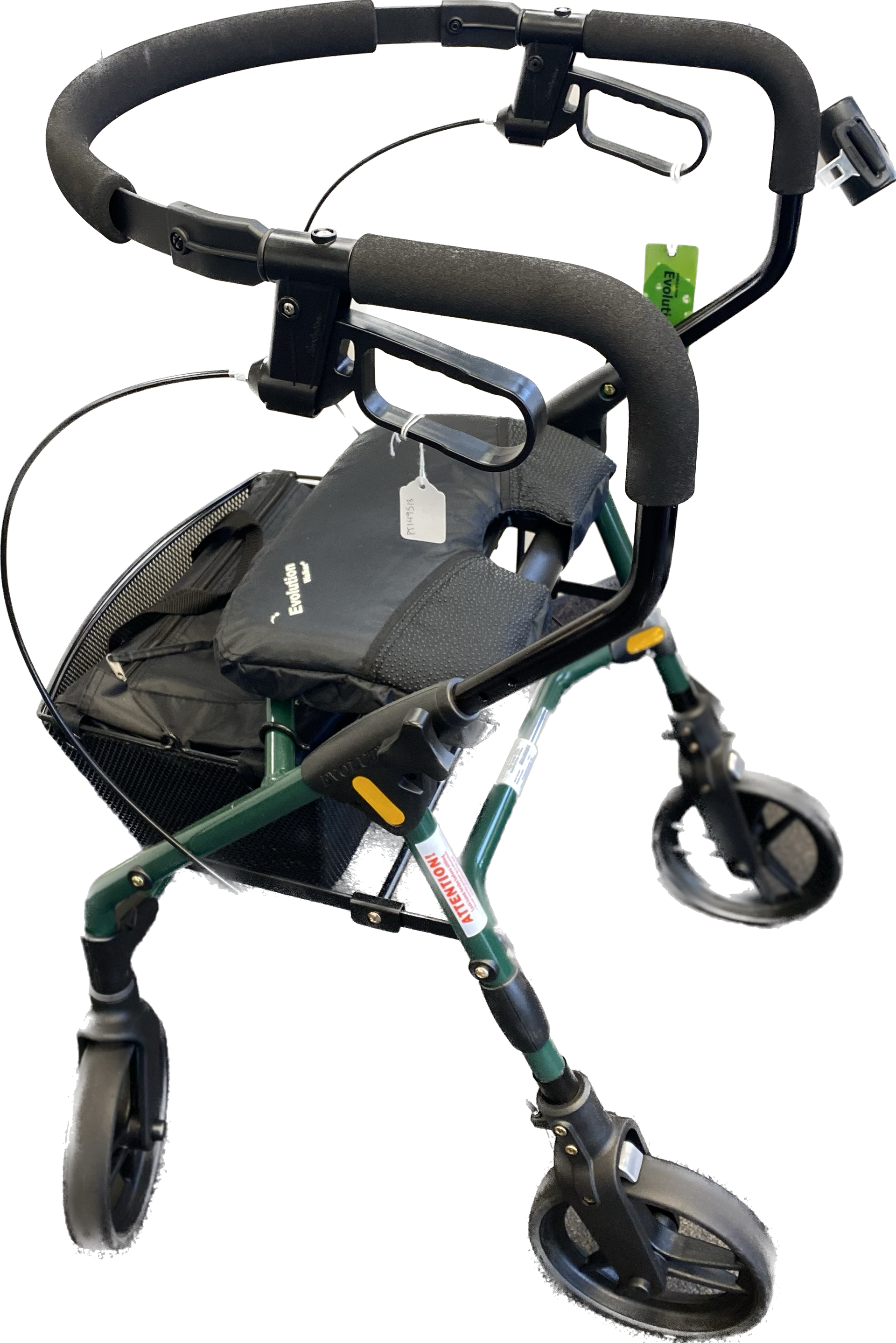 Black rollator walker with seat, foam handgrips, and four wheels on a white background