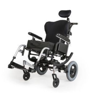 Black power wheelchair with headrest and large rear wheels, shown on a white background