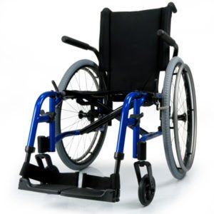 Blue lightweight wheelchair with black seat and large rear wheels on a white background