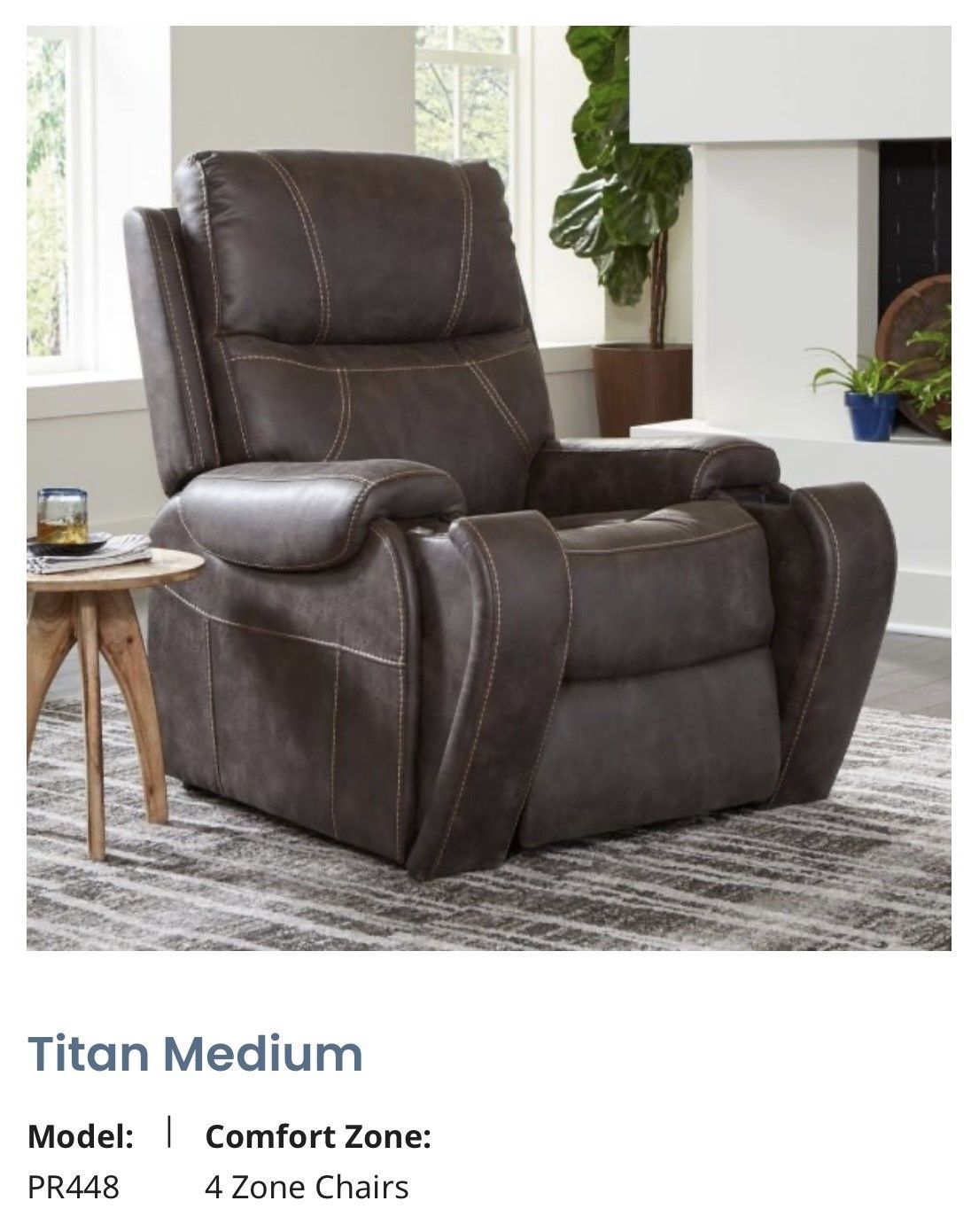Brown leather recliner chair in a living room, shown with product label “Titan Medium”