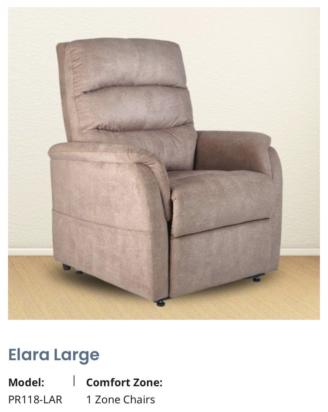 Taupe recliner chair with high back and padded arms on a light floor.