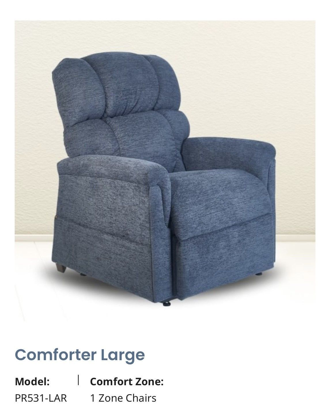 Blue upholstered recliner chair on a light background, shown in a product listing.