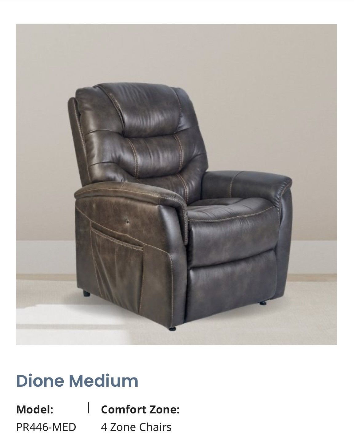Dark brown leather recliner chair with padded back and arms on a light floor.