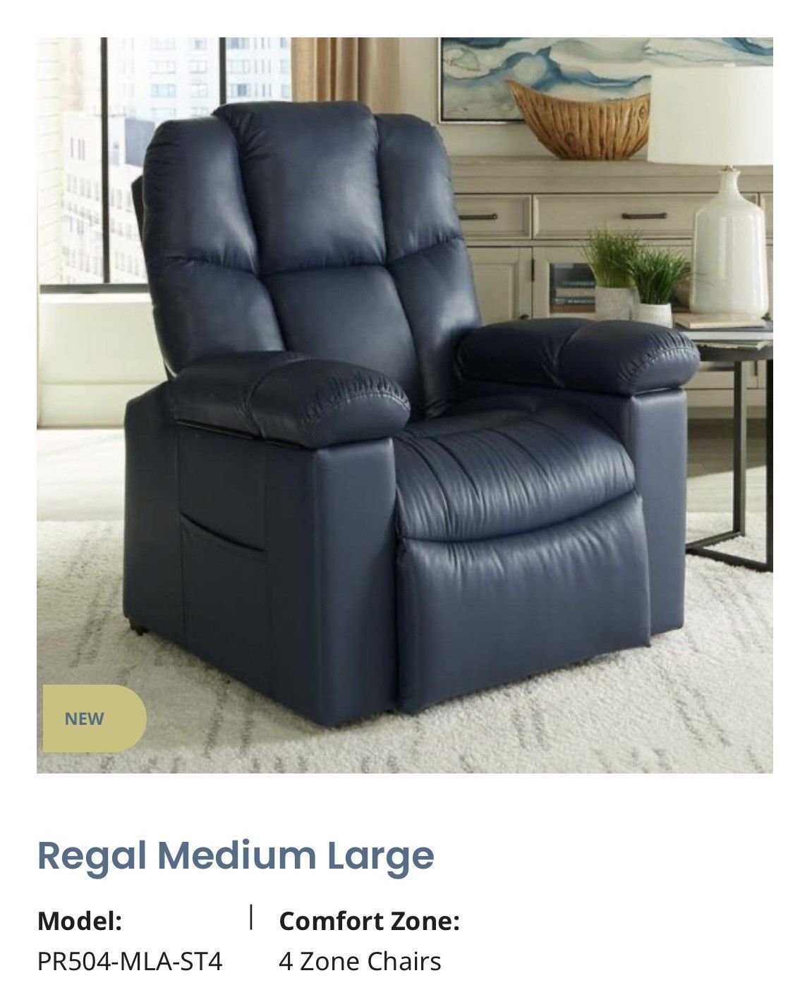 Dark blue leather reclining armchair in a bright living room
