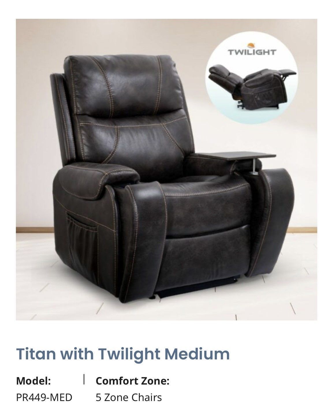 Black leather recliner chair with padded armrests and built-in footrest, shown in a product listing.